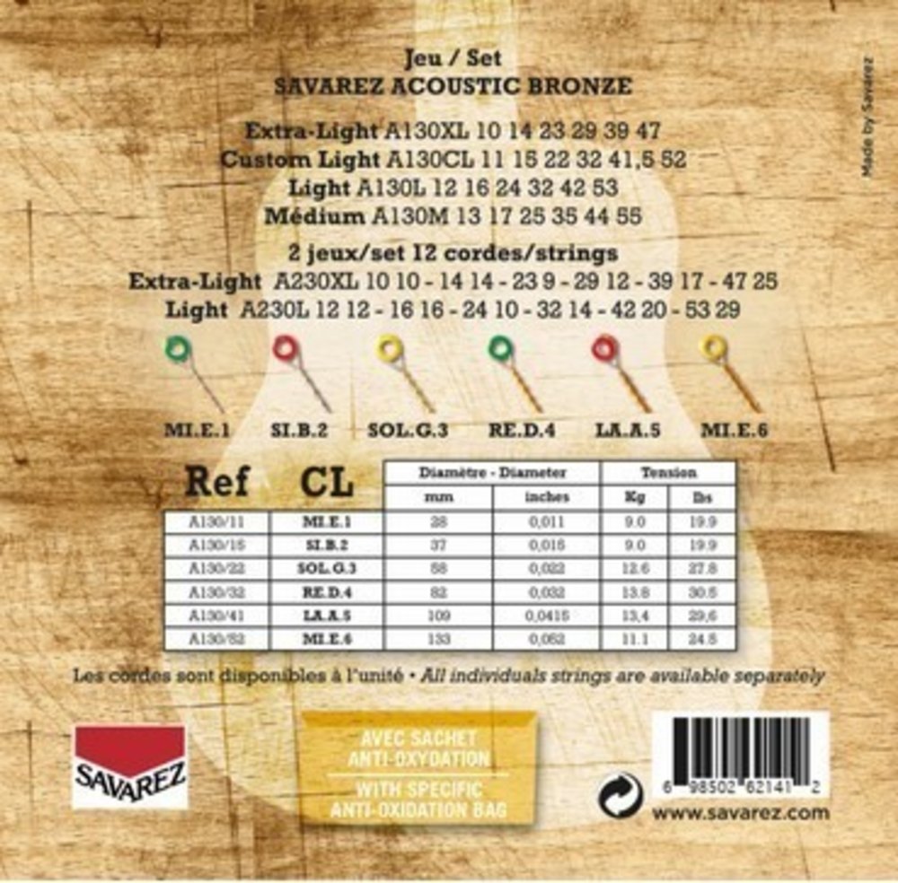 Savarez A130CL Bronze corde per chitarra western, custom light .011 a .052
