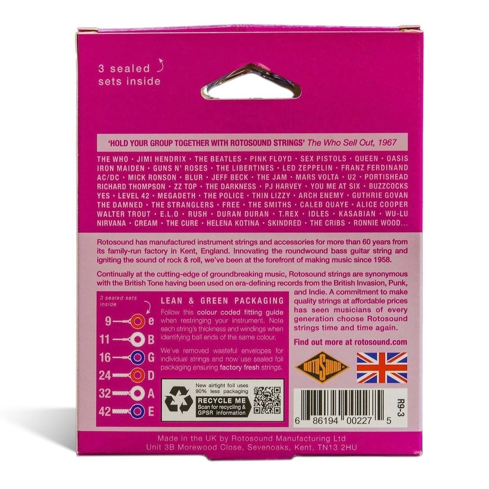 Rotosound Roto Pinks R9-3 corde per chitarra elettrica 9-42, 3 set