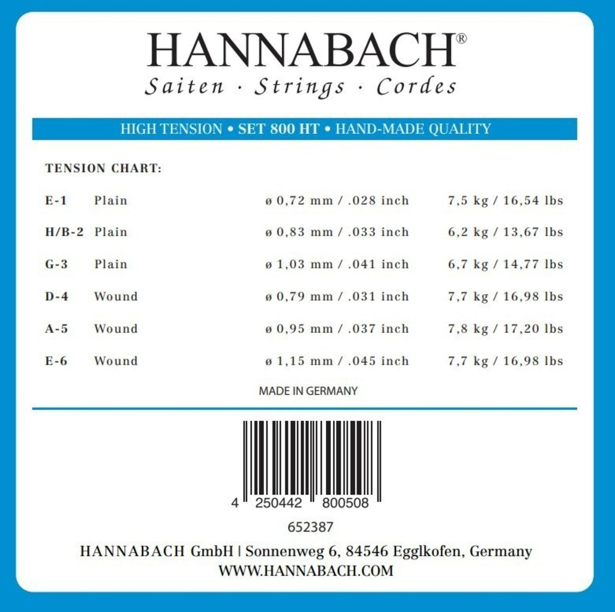 Hannabach Strings for classic guitar Serie 800 High tension Silver plated - Set high (800HT)