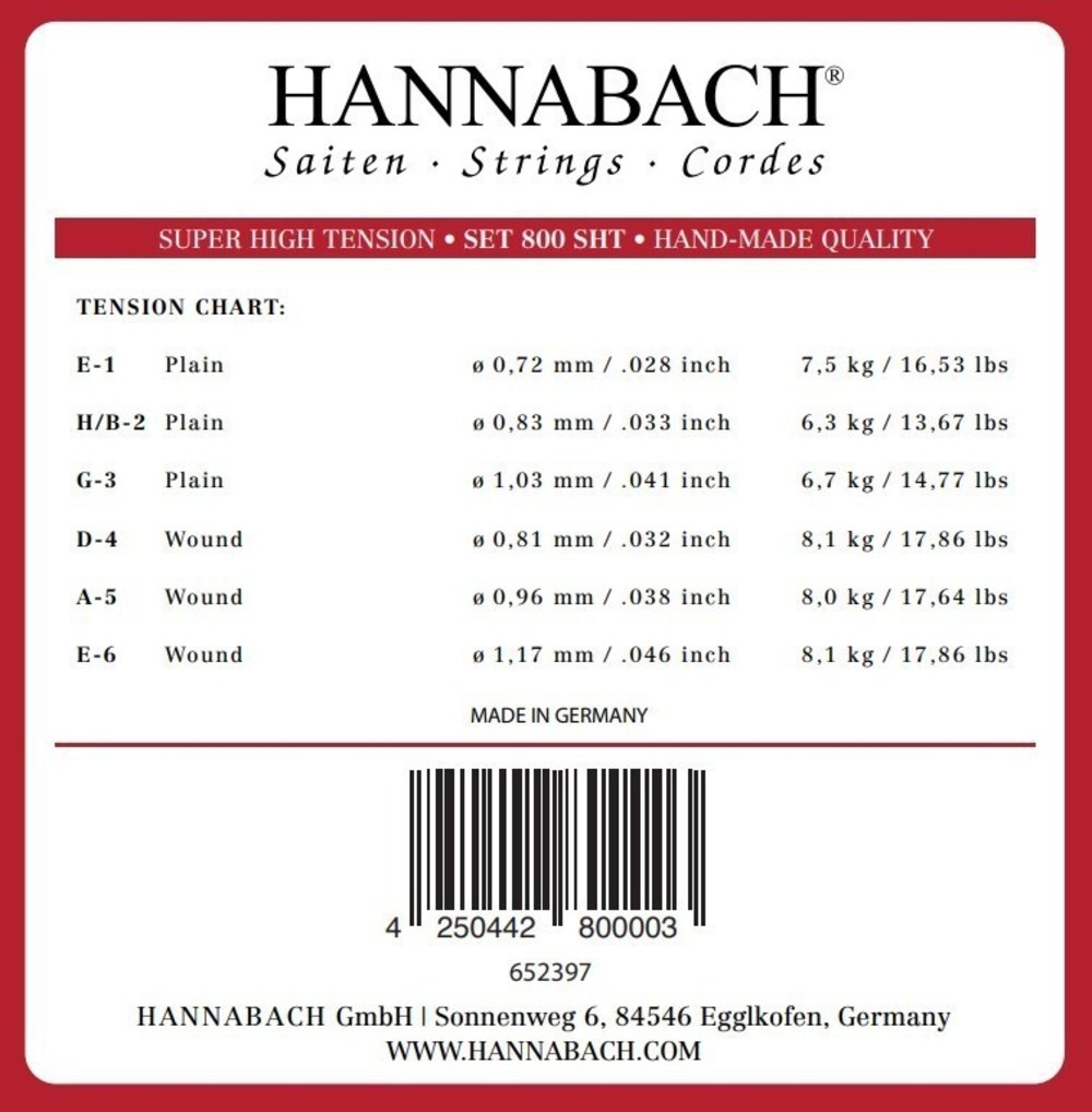 Set di cantini Hannabach 800 E1, H/B2 e G3, super High tension