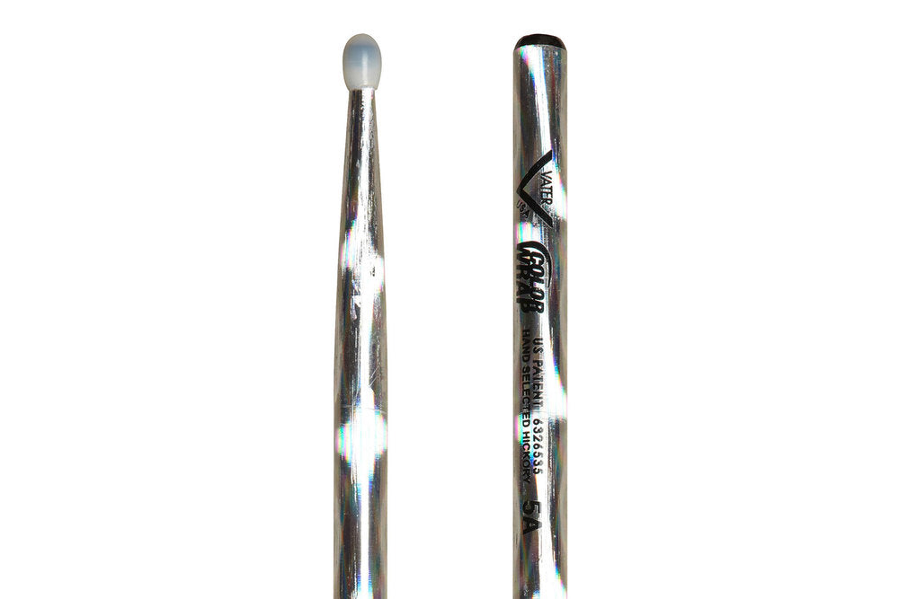 Bacchette per batteria Vater Color Wrap 5A Silver Optic, hickory, punta in nylon