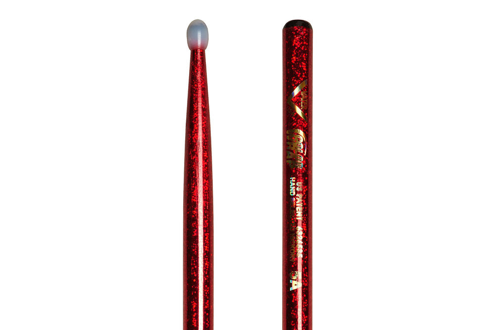 Bacchette per batteria Vater Color Wrap 5A Red Sparkle, hickory, punta in nylon