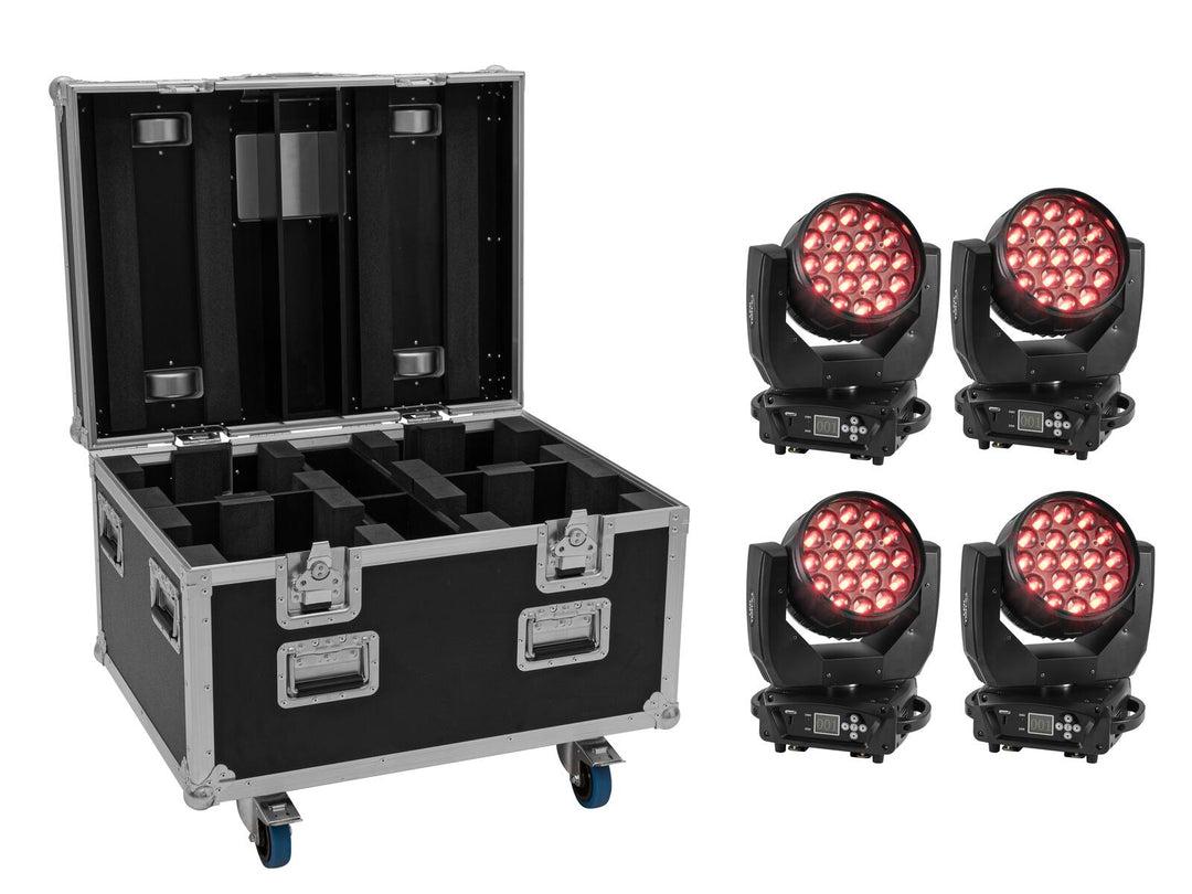 EUROLITE Set 4x LED TMH-X4 Teste Mobile Wash Zoom + EU Case con ruote