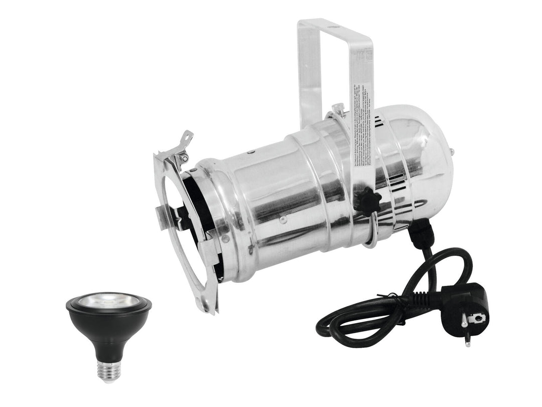 EUROLITE Set PAR-30 Spot argento + PAR-30 230V COB 12W E-27 LED 1800-3000K dim2warm