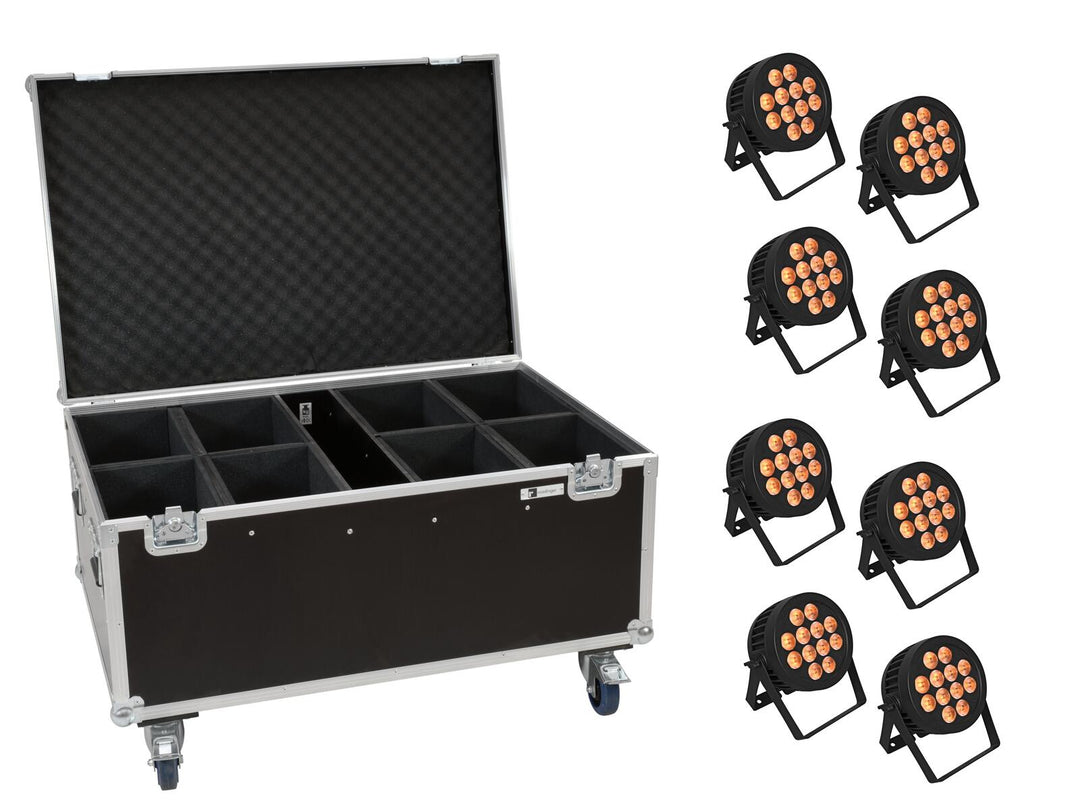 EUROLITE set 8x LED IP PAR 12x8W QCL Spot + case con ruote