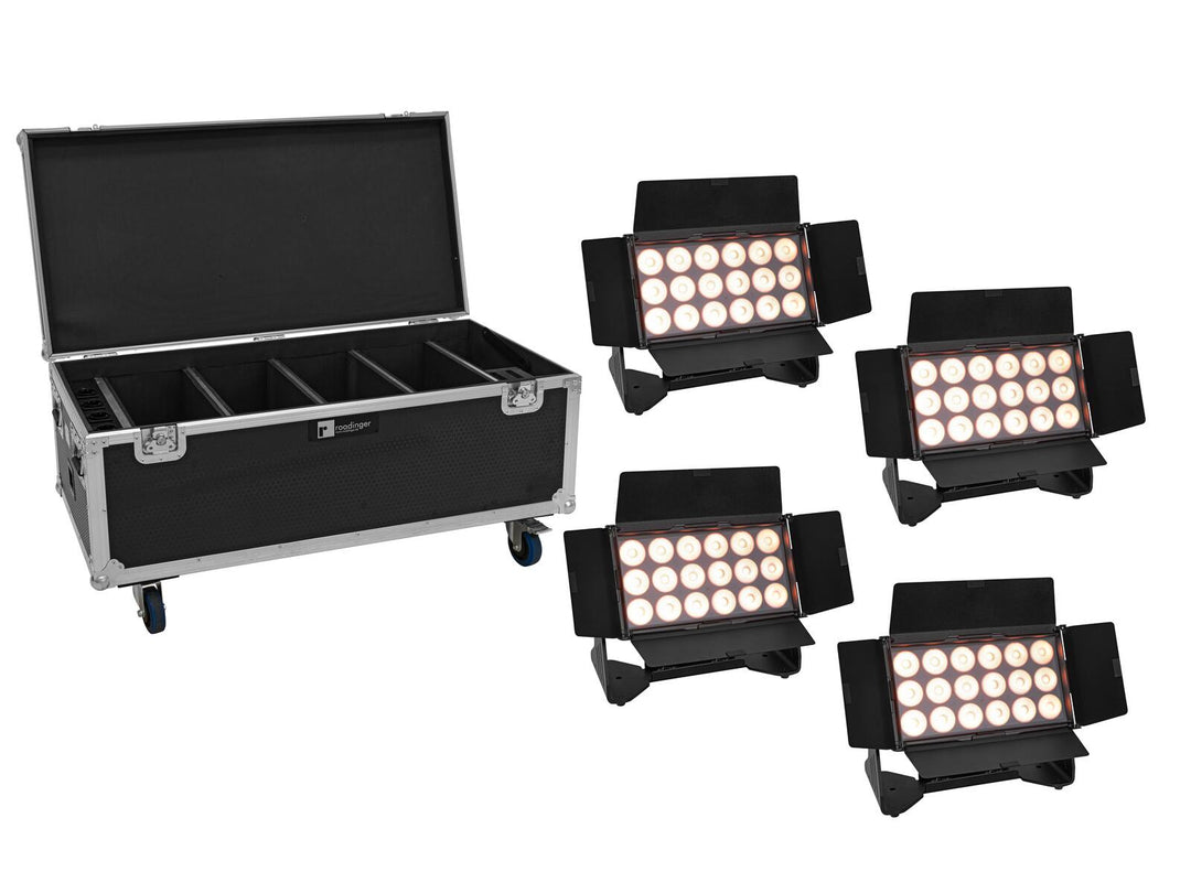 EUROLITE Set 4x AKKU Multiflood IP 18x10W RGBW Wash CRMX + Case con ruote