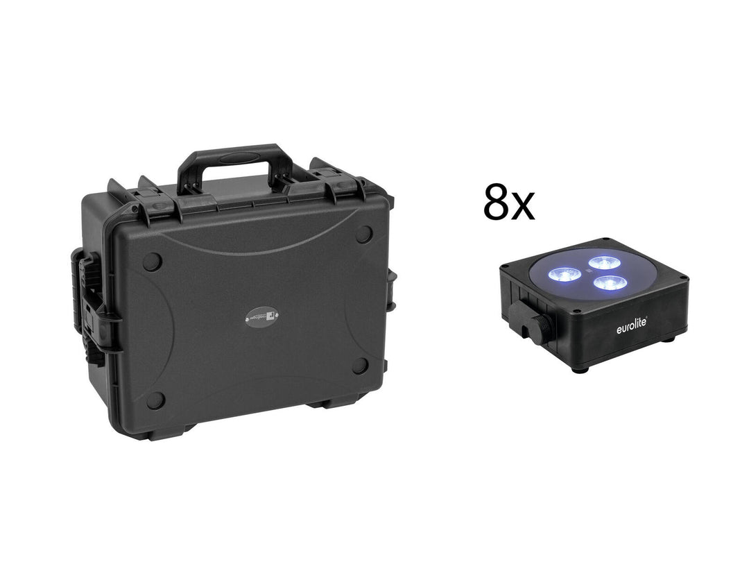 EUROLITE Set 8x AKKU Flat Light 3 bk + custodia in plastica con trolley
