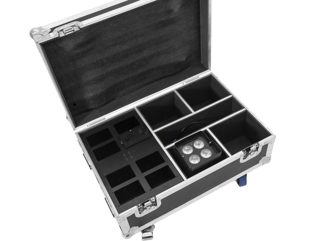 ROADINGER Flightcase 4x AKKU IP UP-4 Plus HCL Spot WDMX con funzione di ricarica