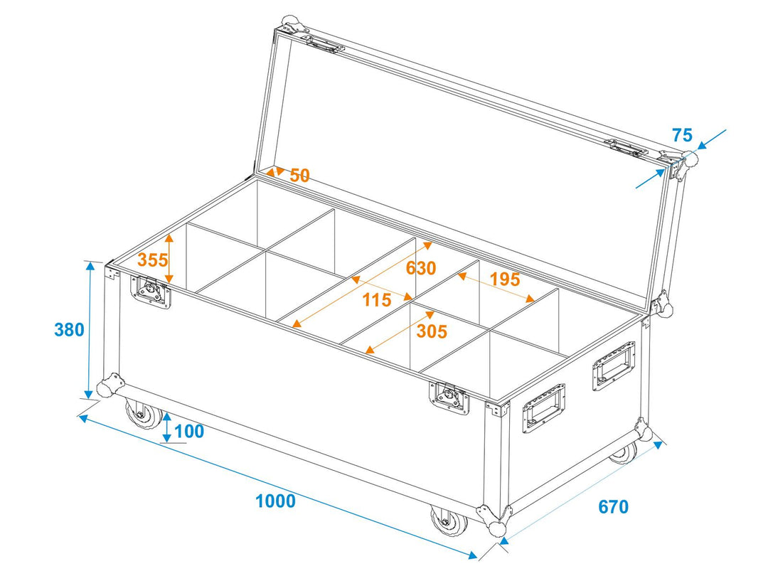 ROADINGER Flightcase 8x LED IP PAR 12x8W QCL/12x9 SQL Spot con ruote