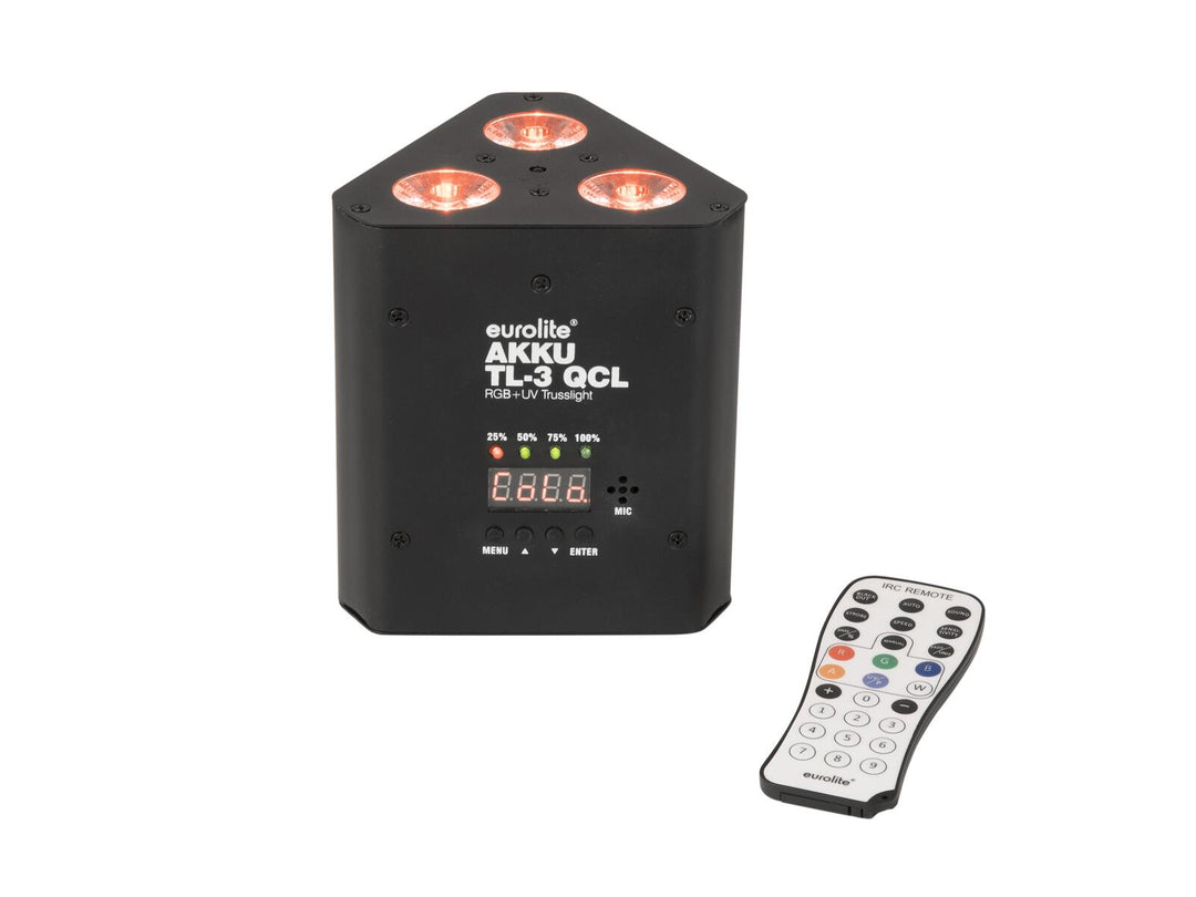 EUROLITE Set 4x AKKU TL-3 QCL RGB+UV Trusslight + Custodia con funzione di ricarica