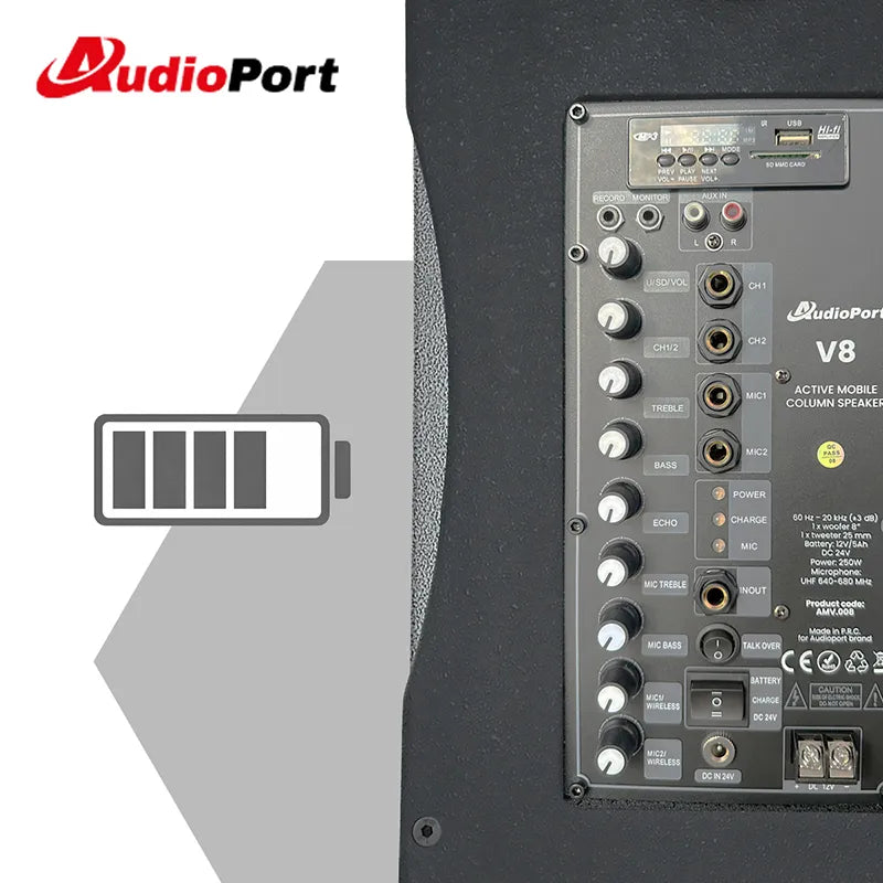 Audioport V8 cassa attiva portatile 250 W con 2 microfoni