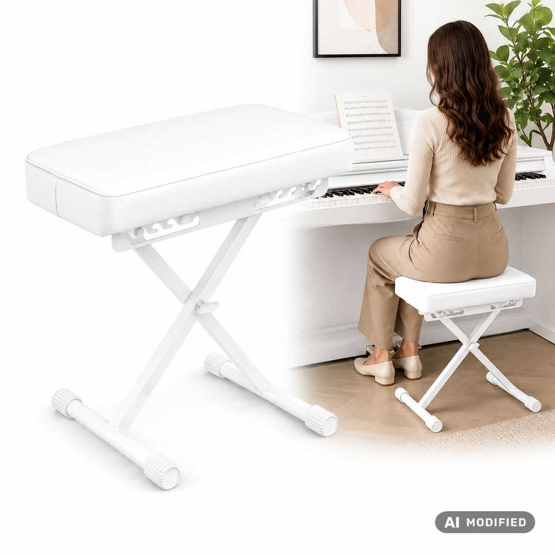 Panca per pianoforte pieghevole Hardman SB006, bianca, regolabile da 45 a 63 cm