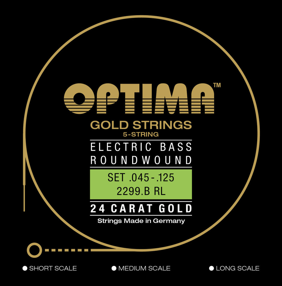 Optima corde per basso elettrico Gold Strings round wound long scale - set 5 corde reg-light (2299B)