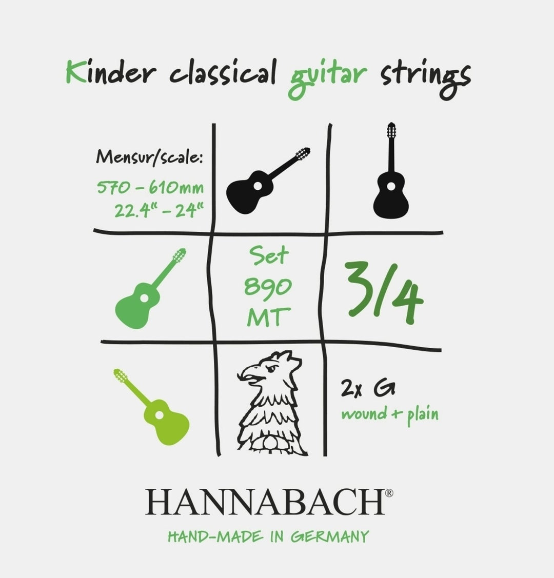 Corde Hannabach per chitarra classica Serie 890 chitarra 3/4 per bambini Duel: 57-61cm - Set di 2 corde G (890MT 3/4)