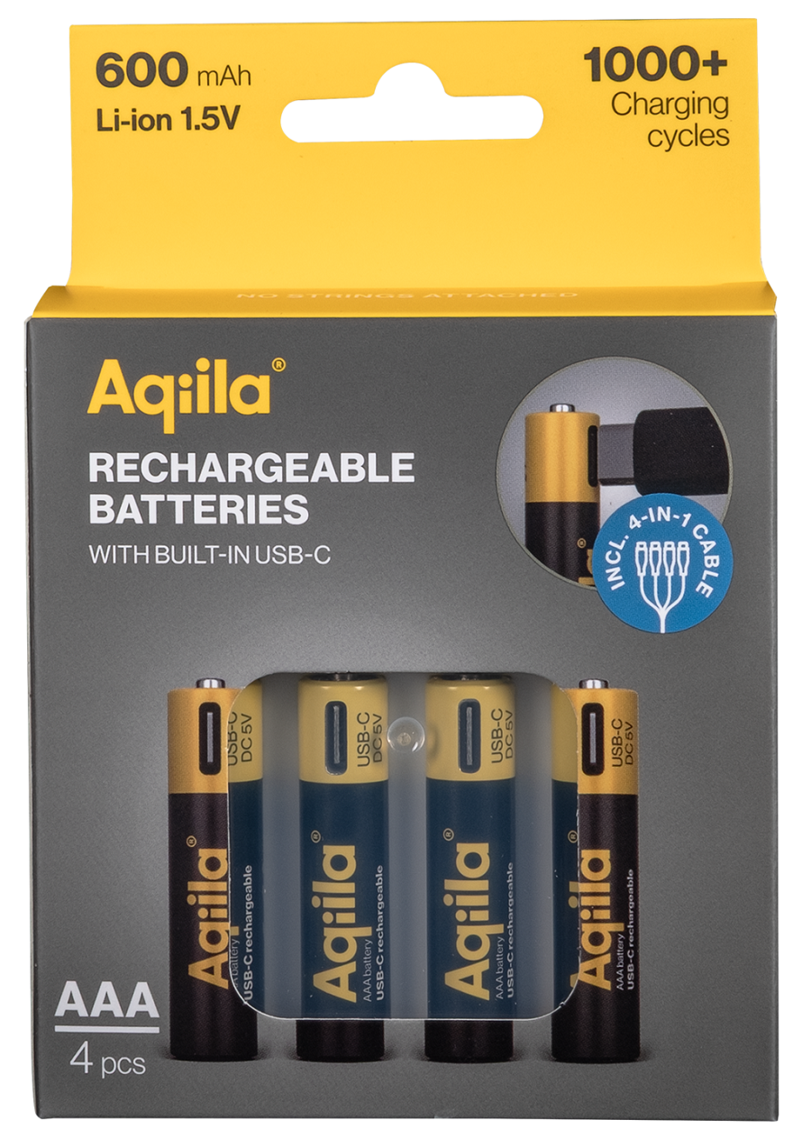 Aqiila Rechargable AAA Battery, 4-pack USB-C, Lithium, 1.5V/600mAh