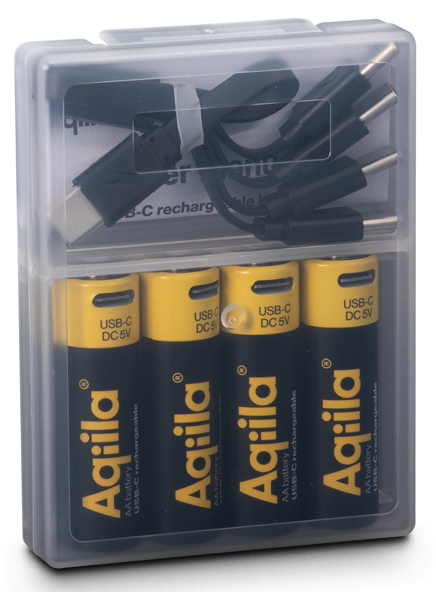 Aqiila Rechargable AA Battery, 4-pack USB-C, Lithium, 1.5V/2000mAh