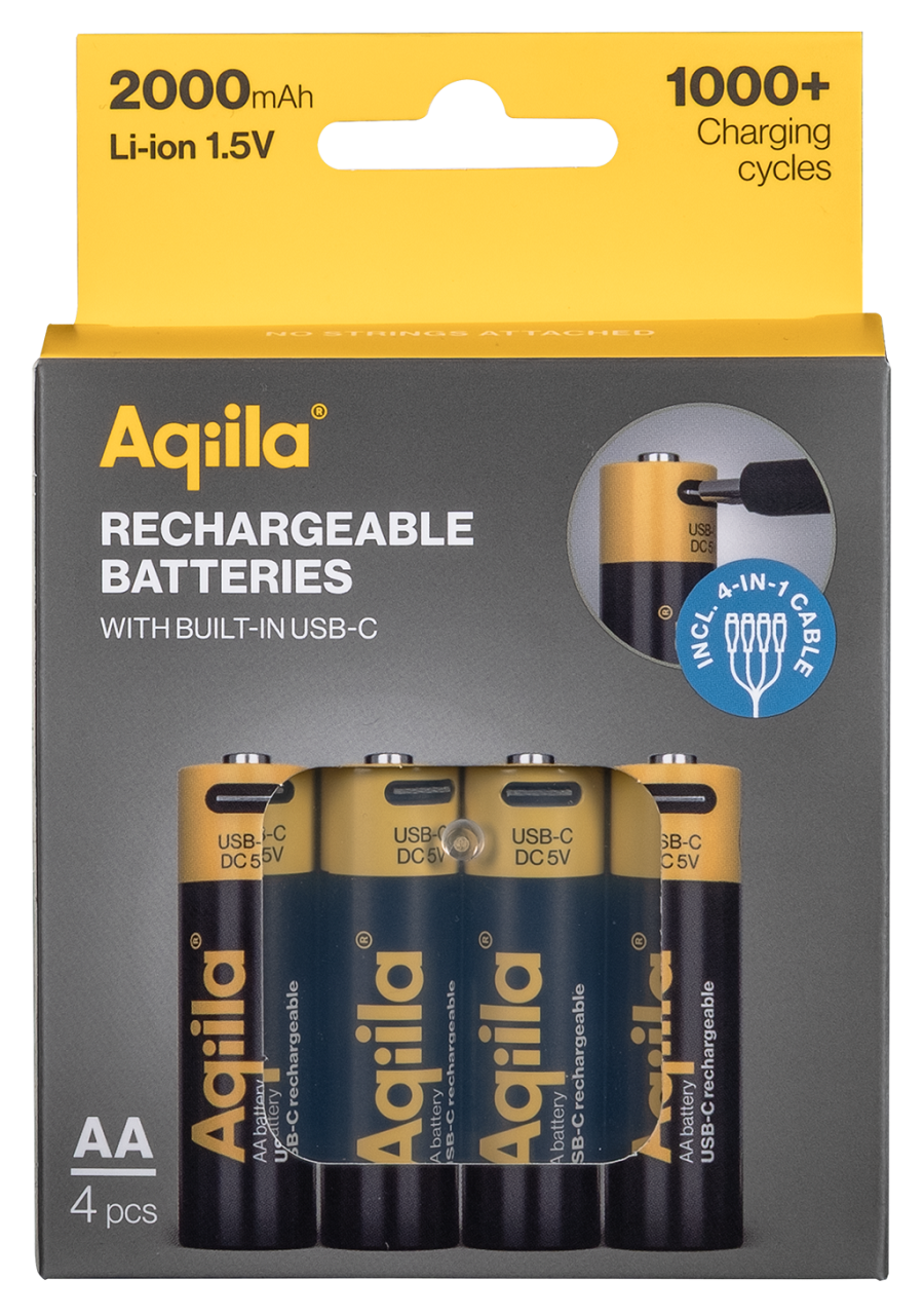Aqiila Rechargable AA Battery, 4-pack USB-C, Lithium, 1.5V/2000mAh