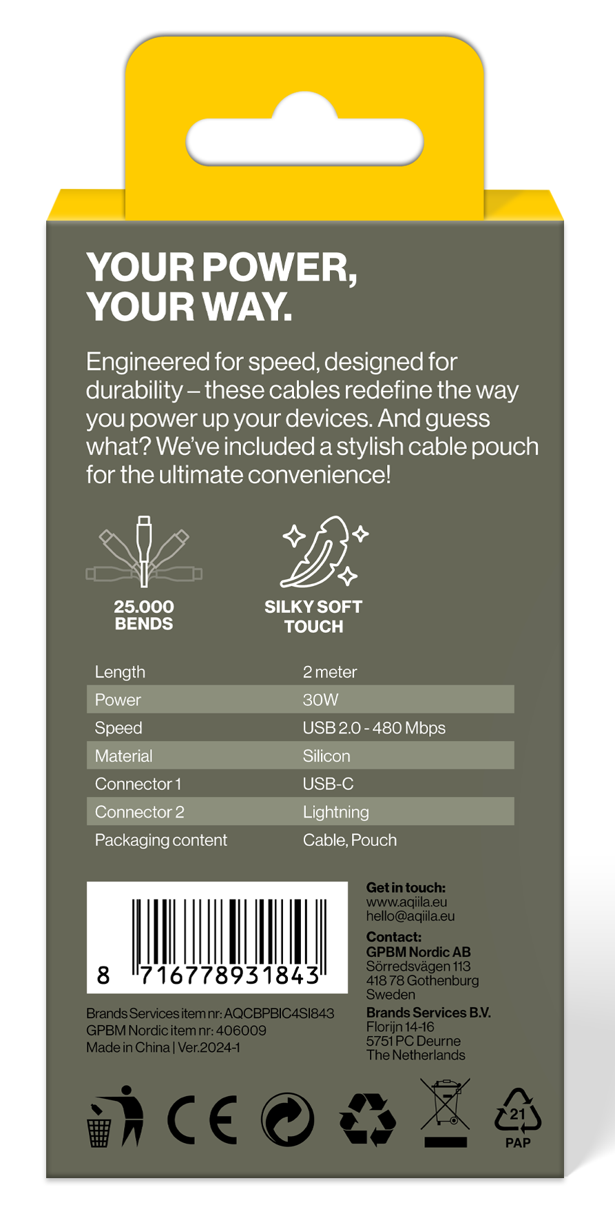 Aqiila Silicon USB-C/Lightni. 2.0 30W 2m Charging cable