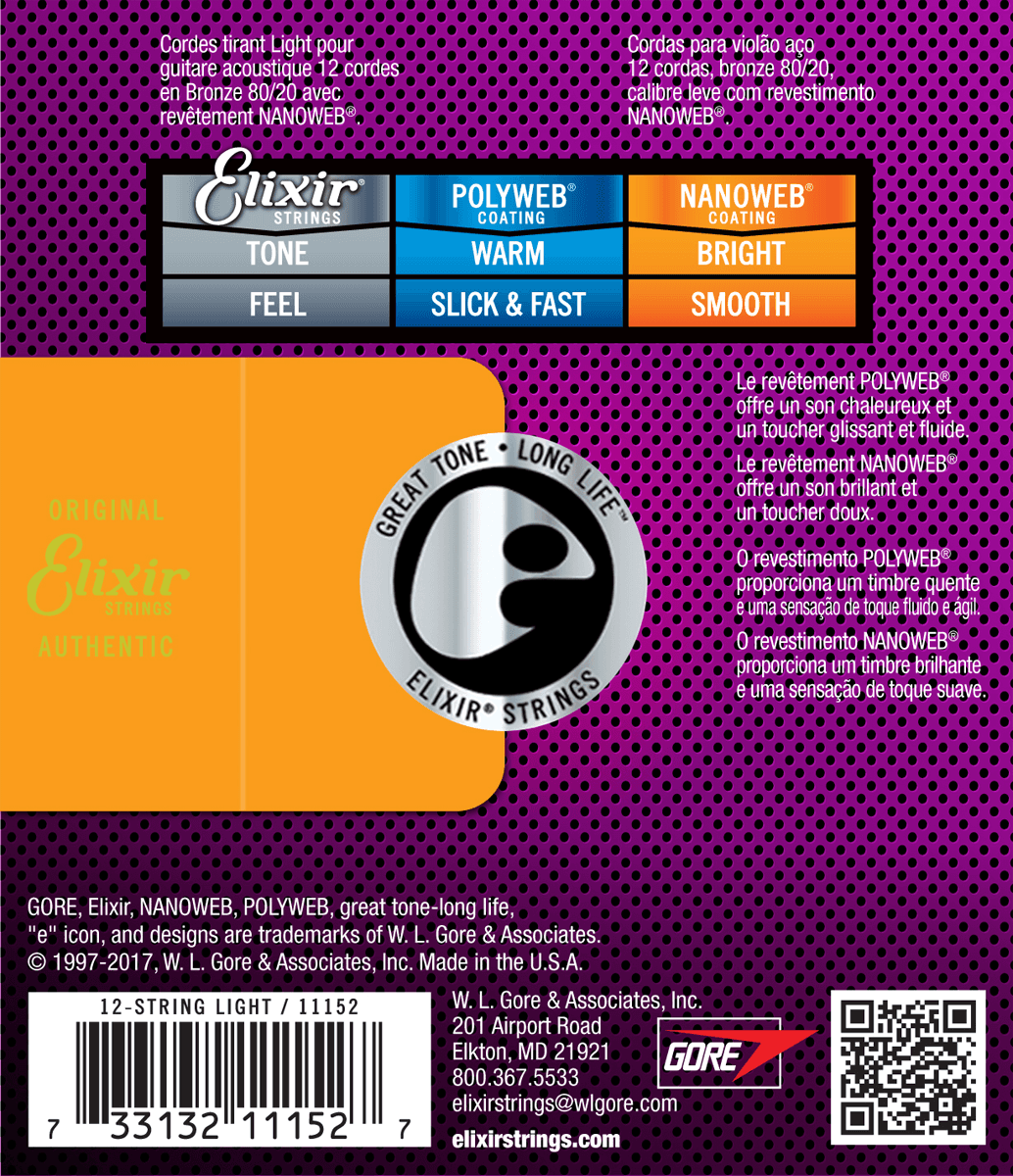 Elixir Nanoweb Bronze 80/20 Corde per Chitarra (12-String, Light, 10-47)