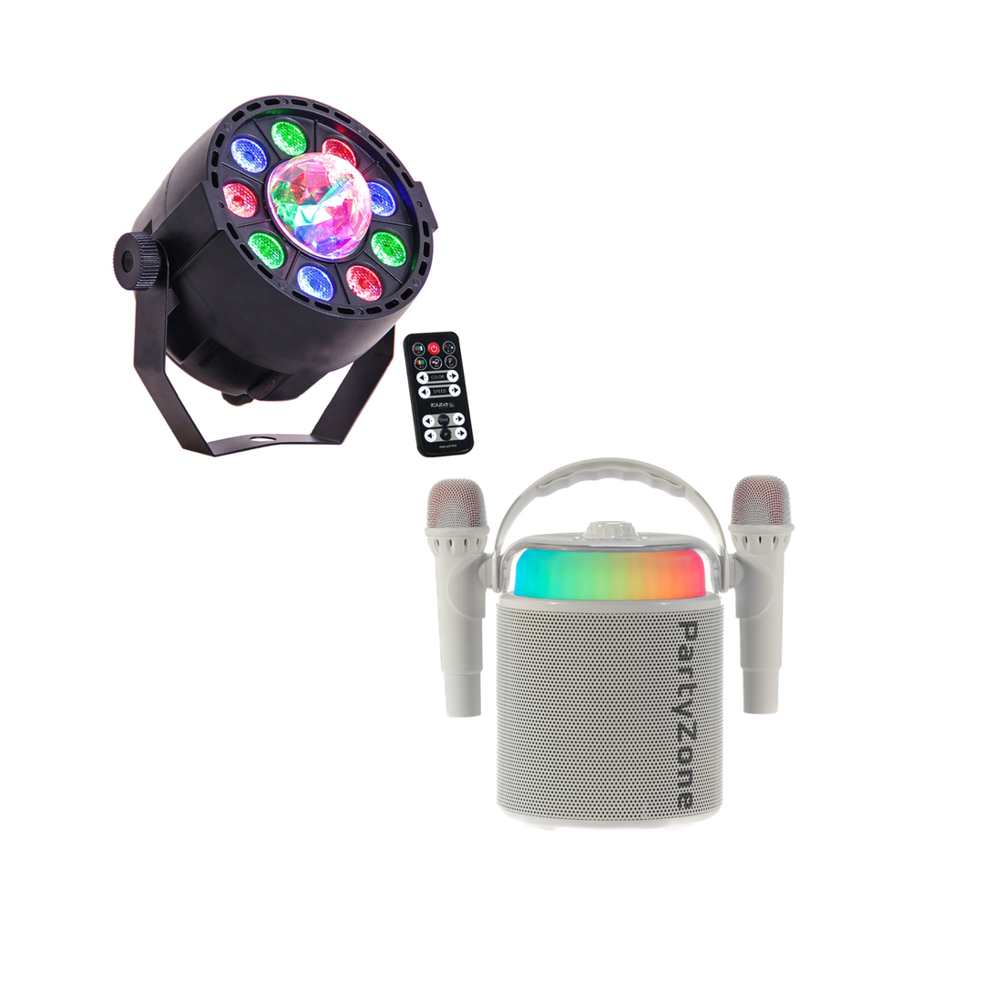 PartyZone Set per karaoke con 2 Microfoni (Bianco) & LED PAR-ASTRO 2-in-1 Luce da discoteca