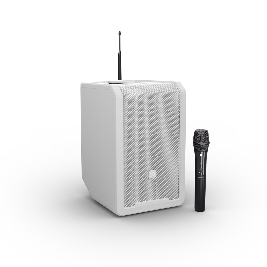 LD Systems ANNY® 8 HHD B5 W - Bærbar batteridrevet Bluetooth® PA-højttaler med mixer og 1x trådløs håndholdt mikrofon, ren hvid