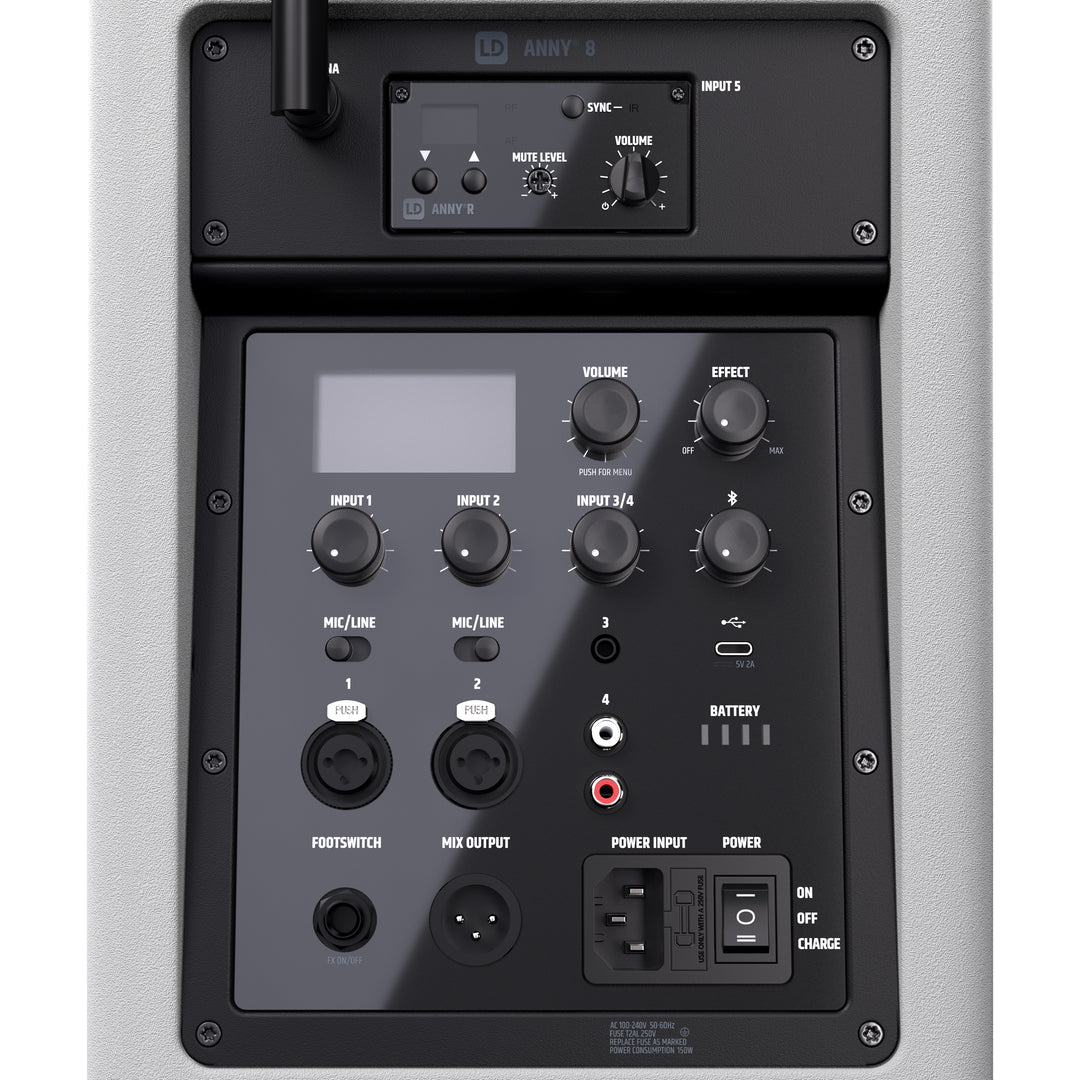 LD Systems ANNY® 8 HHD B5 W - Bærbar batteridrevet Bluetooth® PA-højttaler med mixer og 1x trådløs håndholdt mikrofon, ren hvid