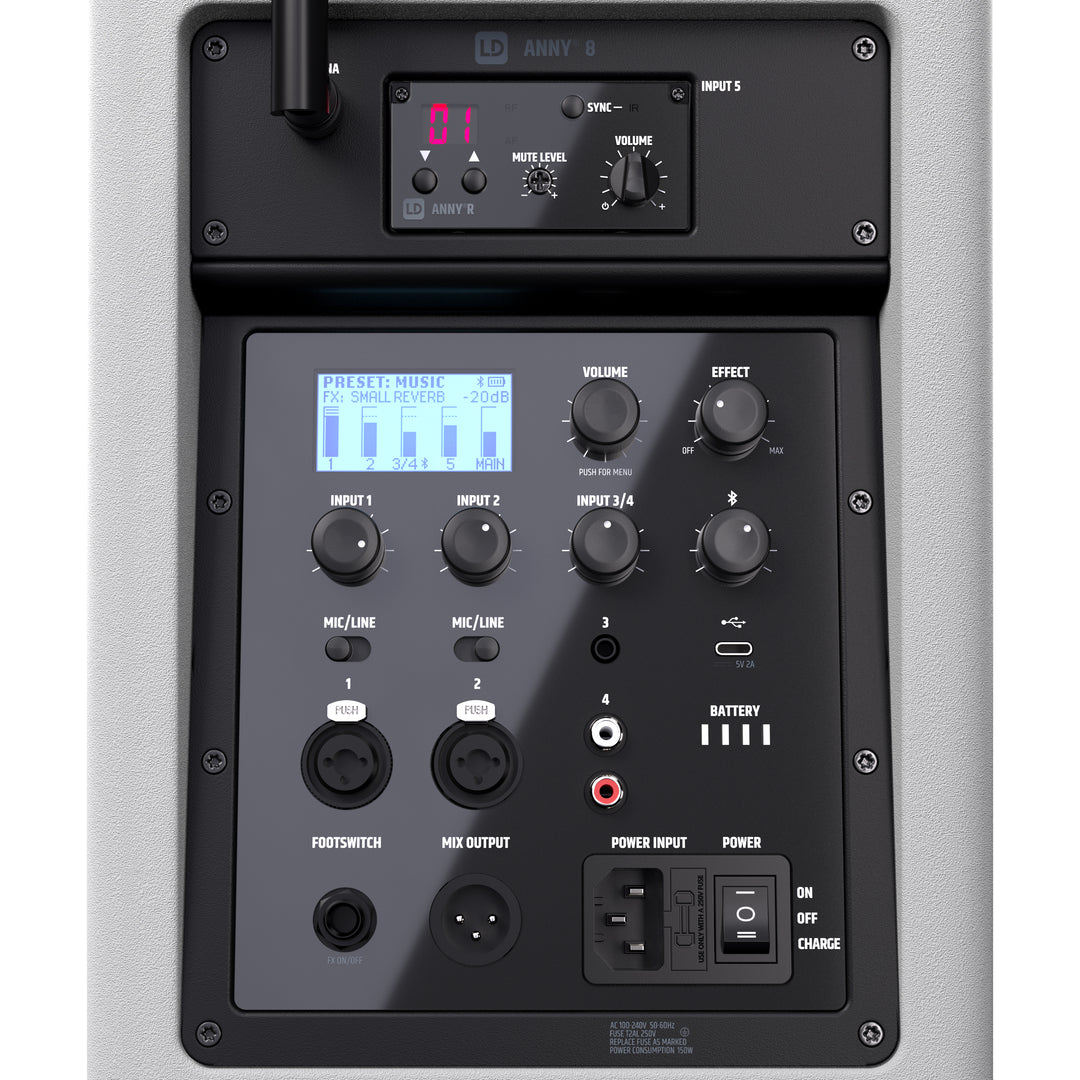 LD Systems ANNY® 8 HHD B5 W - Bærbar batteridrevet Bluetooth® PA-højttaler med mixer og 1x trådløs håndholdt mikrofon, ren hvid
