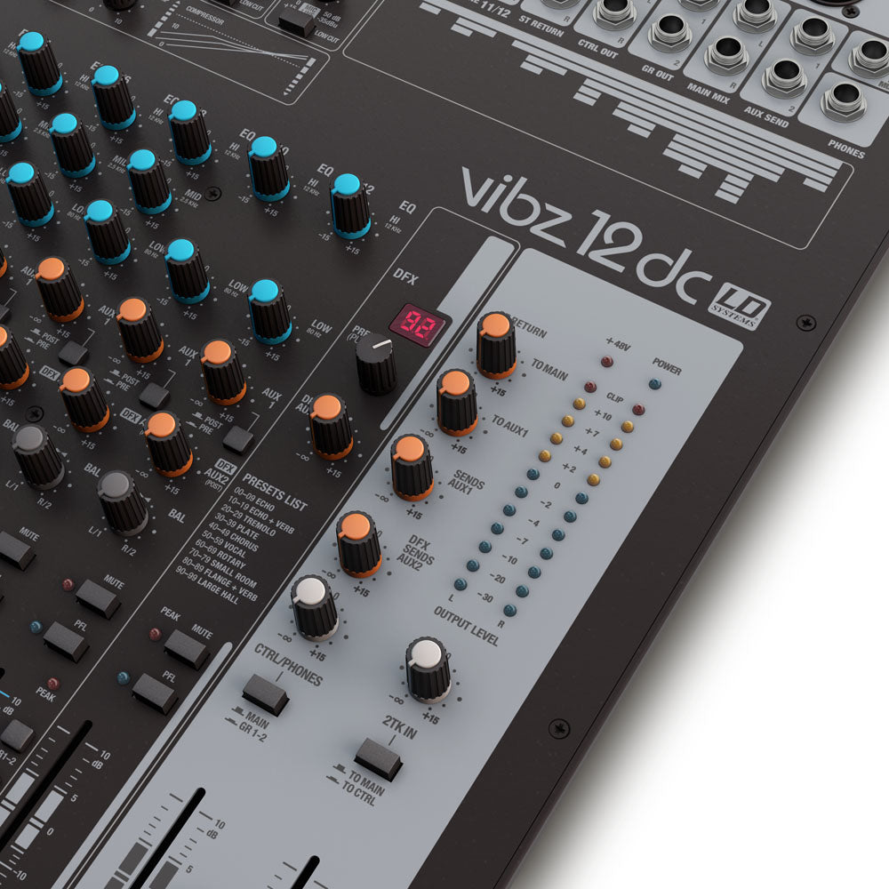 LD Systems VIBZ 12 DC - console di missaggio a 12 canali con DFX e compressore