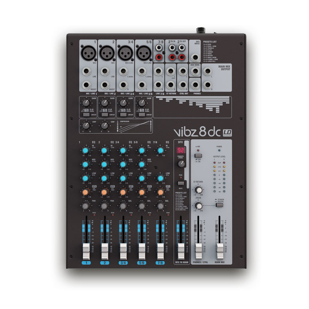 LD Systems VIBZ 8 DC - 8-kanals mixerpult med DFX og kompressor
