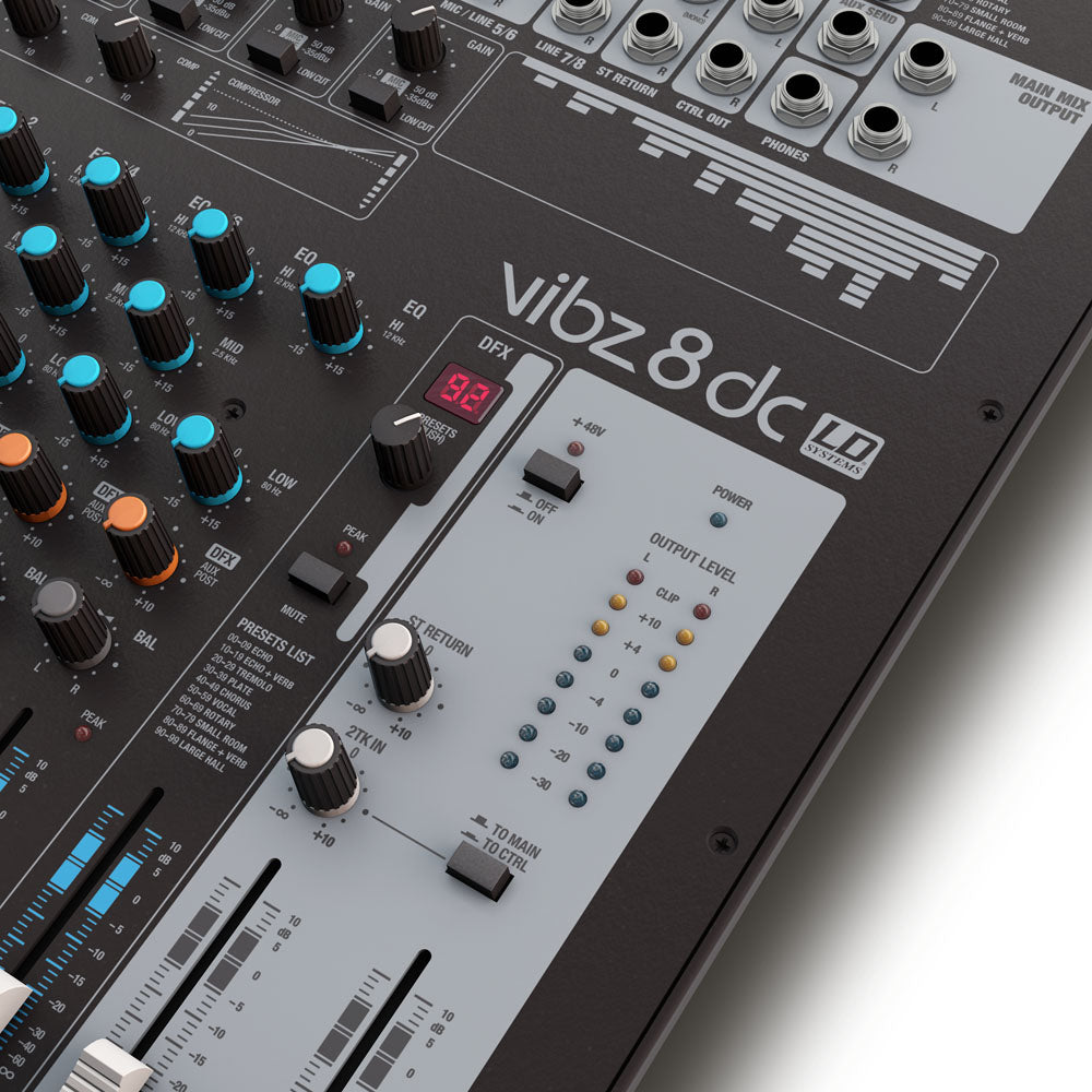 LD Systems VIBZ 8 DC - 8-kanals mixerpult med DFX og kompressor