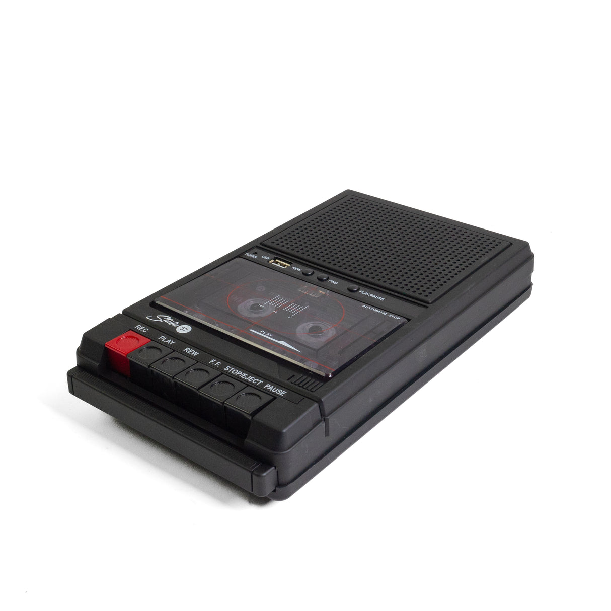 A black Studio 57 cassette recorder with a built-in microphone, display window, and control buttons, featuring a red 'REC' button on the front.