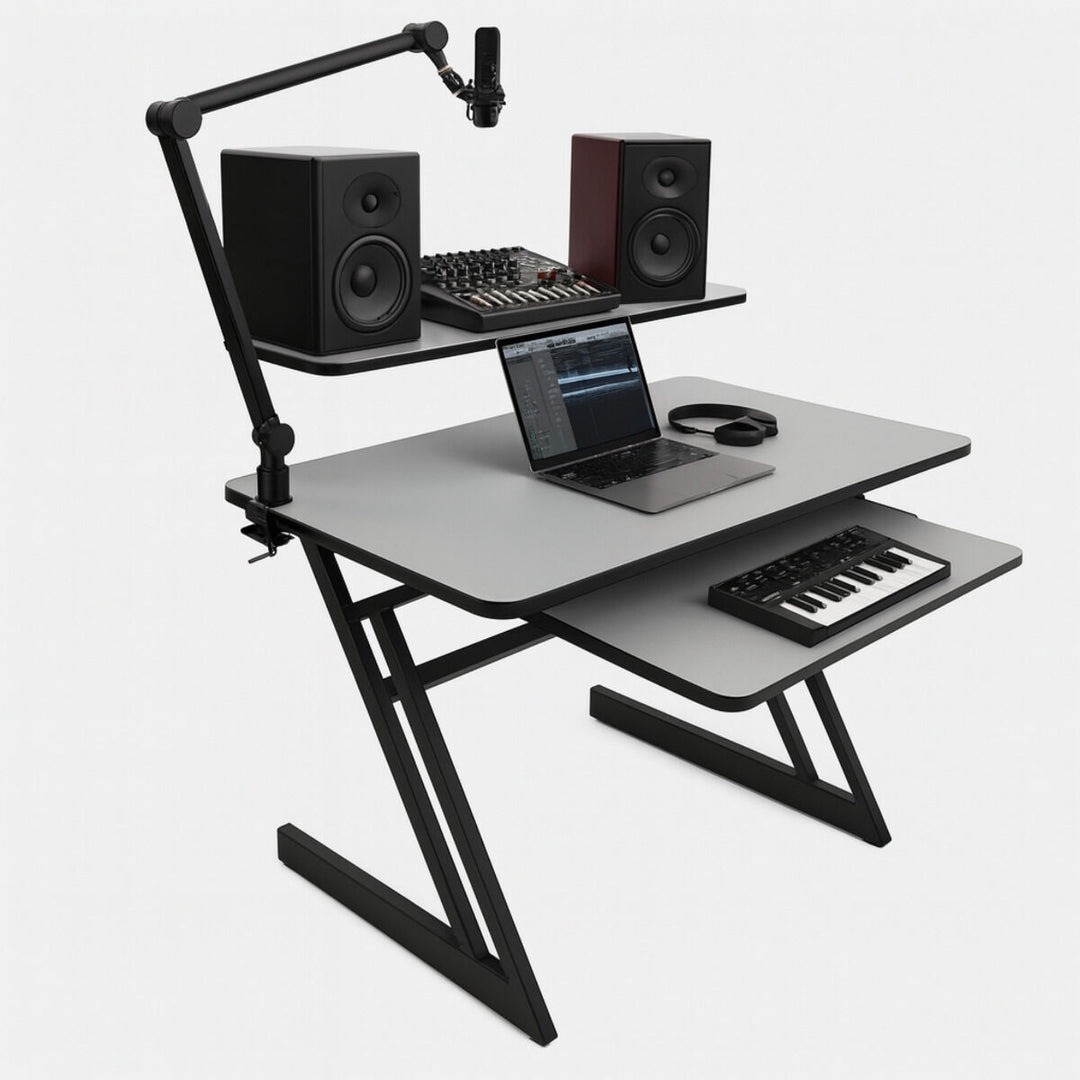 Tavolo da studio con ripiani ed estrazione per keyboard (120 cm)