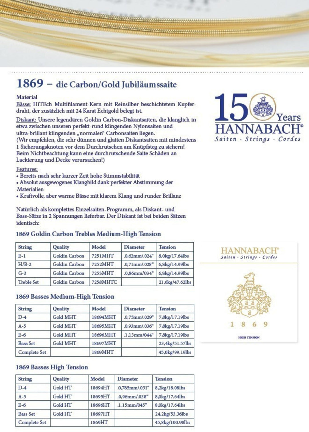 Hannabach Strings for classic chitarre Serie 1869 Carbon/Gold MHT - Set MHT (1869MHT)