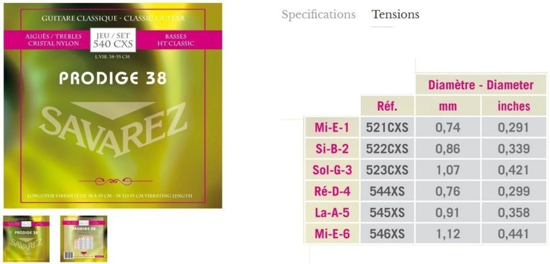 Savarez Strings for classic chitarre Prodige 38 Children's Guitar - 1/8-1/2 Nylon (540CXS)