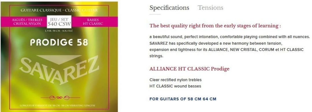 Savarez Strings for classic chitarre Prodige 38 Children's Guitar - 3/4-7/8 Nylon Gw (540CSW)