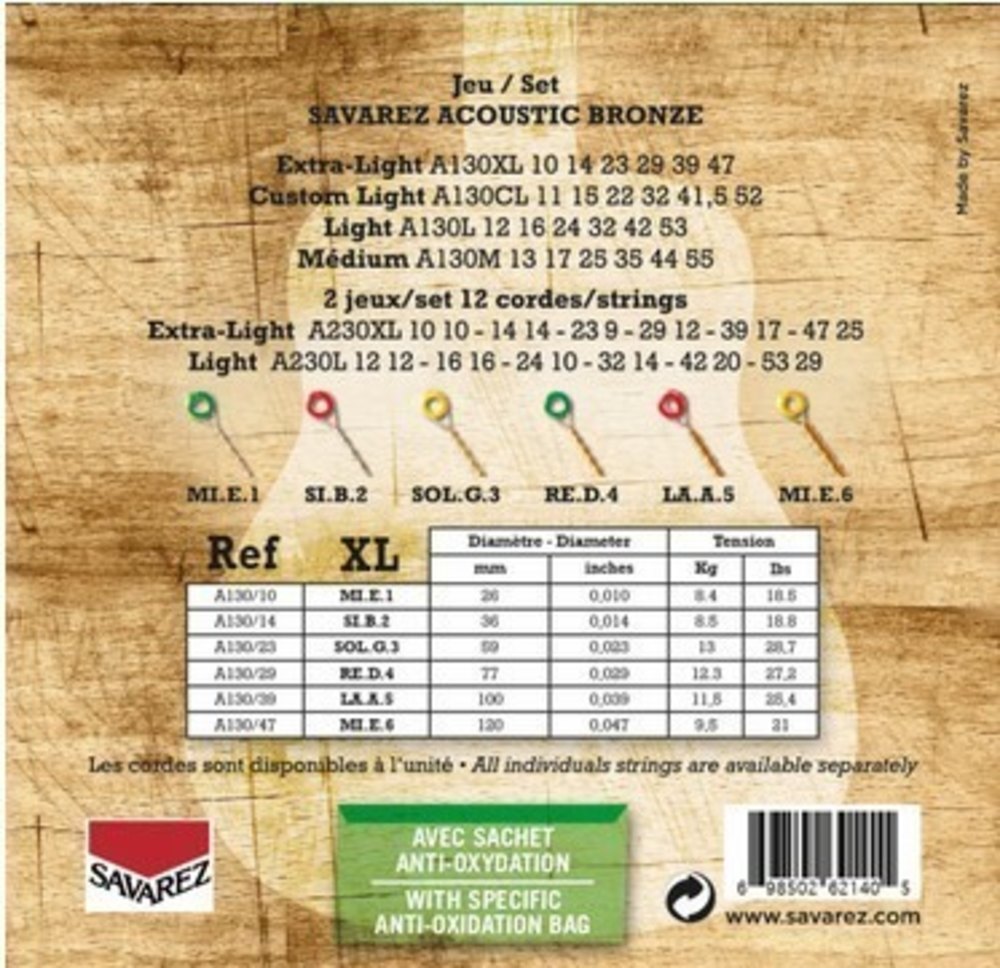 Savarez A130XL Bronze corde per chitarre western, extra light .010 fino a .047