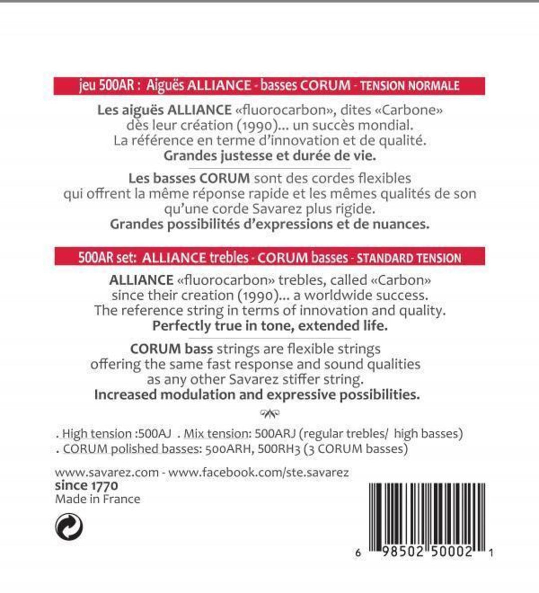 Corde Savarez per chitarre classiche Alliance Corum - Set Standard (500AR)