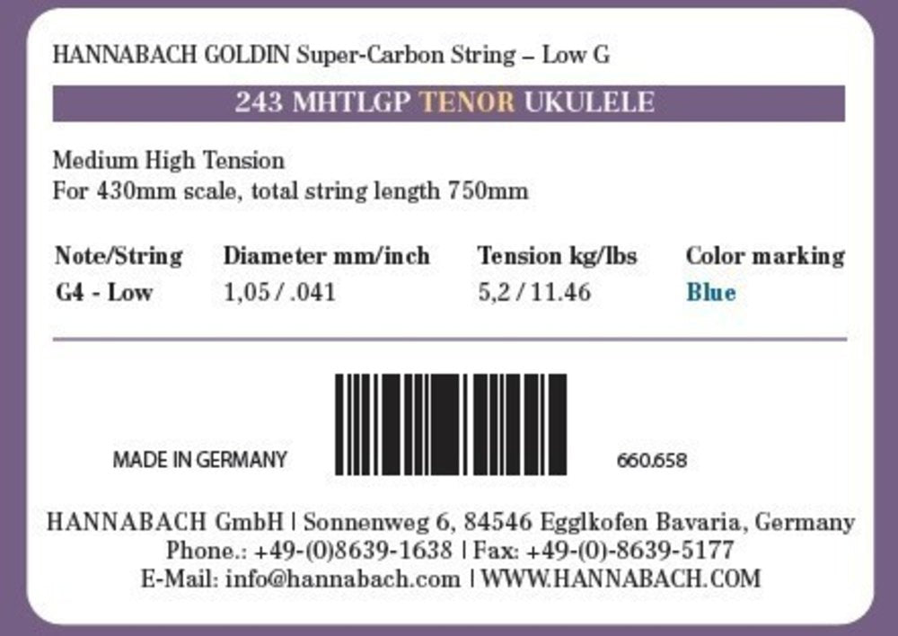 Hannabach 2434MHTLG corda G4 grave per ukulele tenore, carbonio