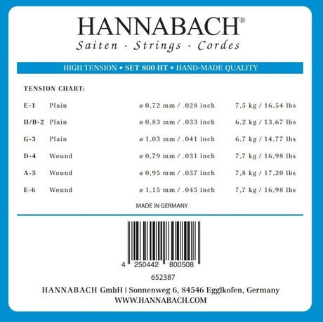 Hannabach 800 set per corde acute E1, H/B2 e G3, alta tensione