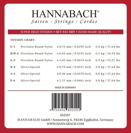 Set di corde acute Hannabach 815 E1, H/B2 e G3, super high tension
