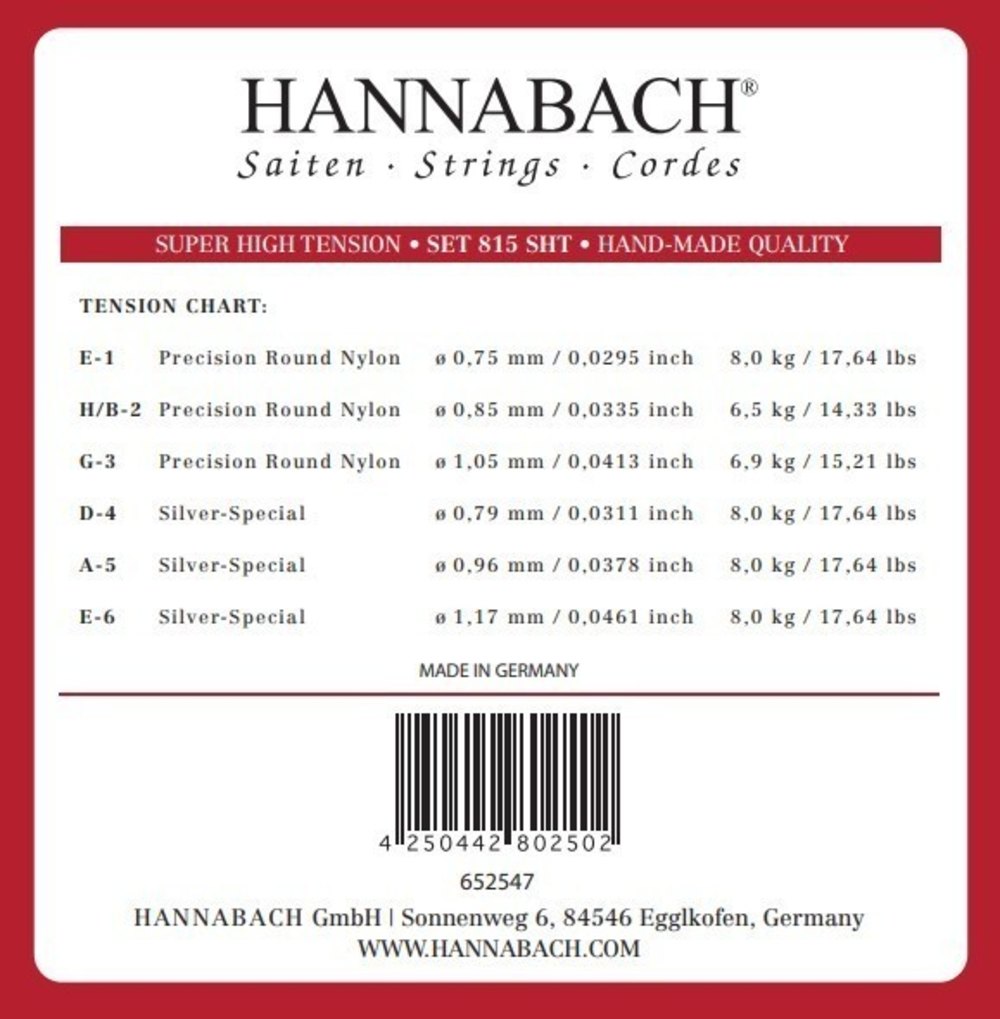 Set di corde acute Hannabach 815 E1, H/B2 e G3, super high tension