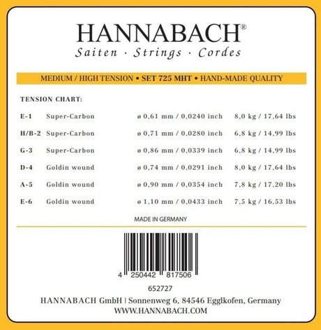 Hannabach 725 E6 corda per basso da chitarra classica, medium/high tension