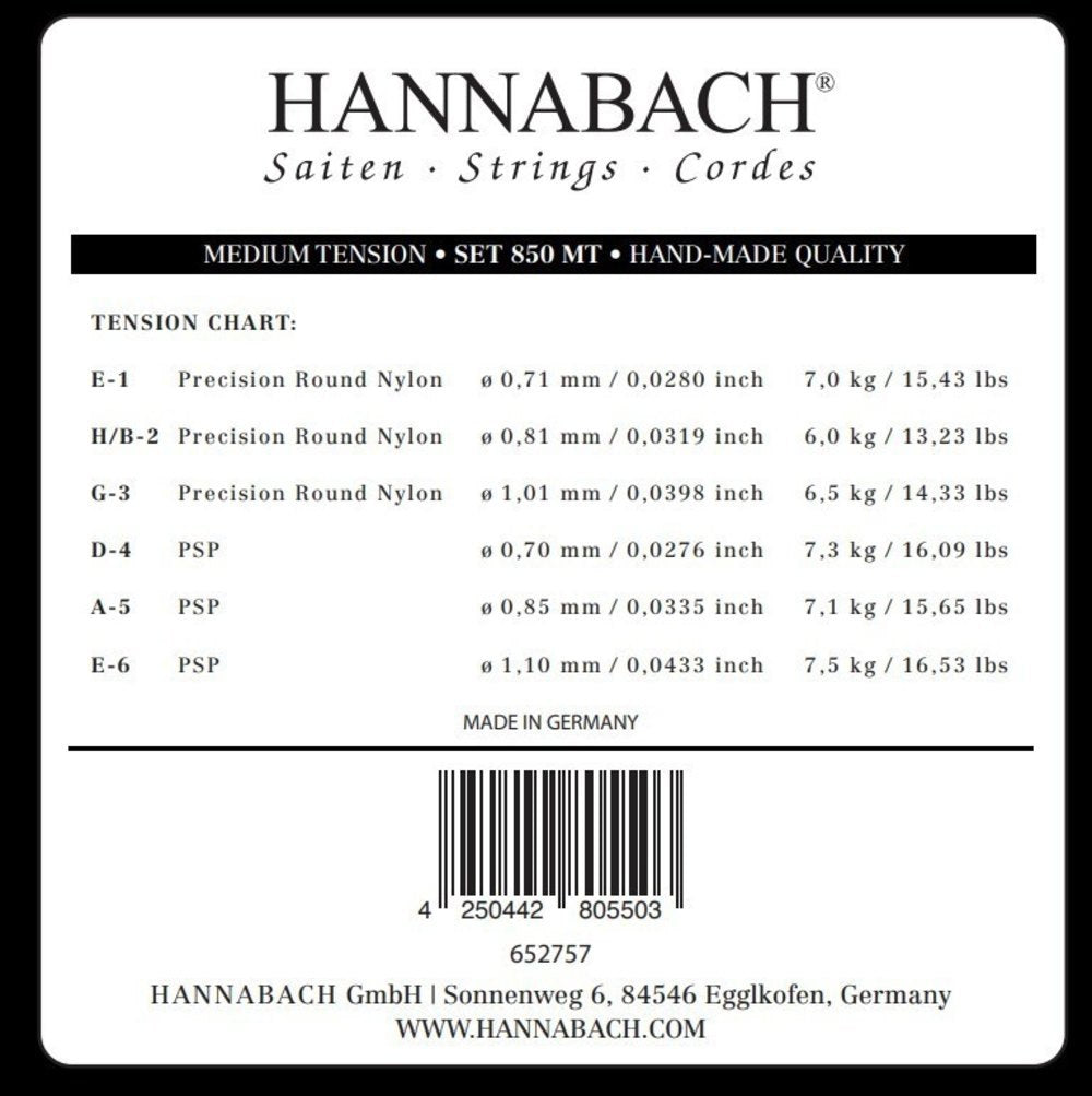 Hannabach 850 E1 corda acuta per chitarre classica, medium tension