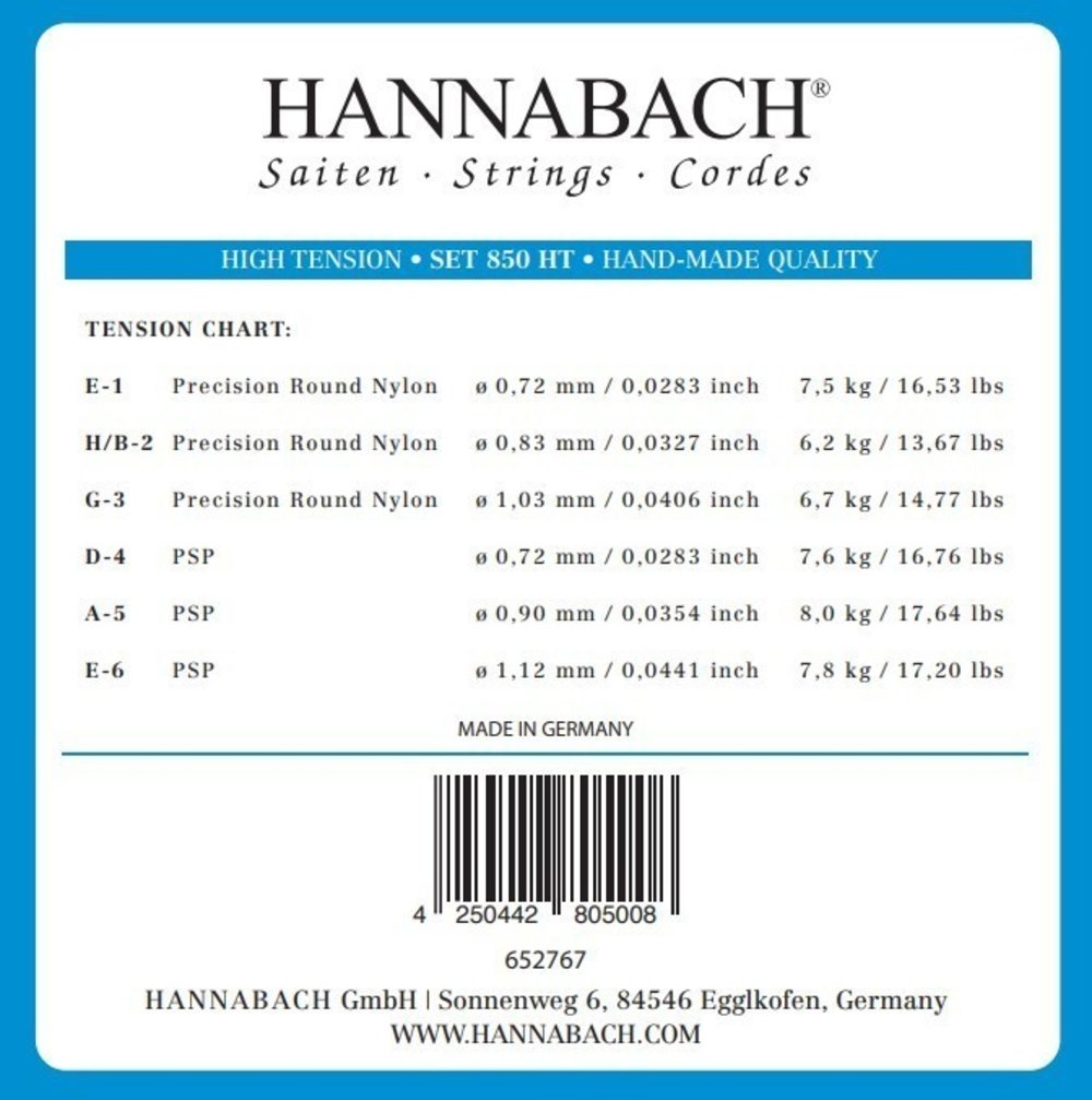 Hannabach 850 H/B2 corda cantino per chitarra classica, high tension