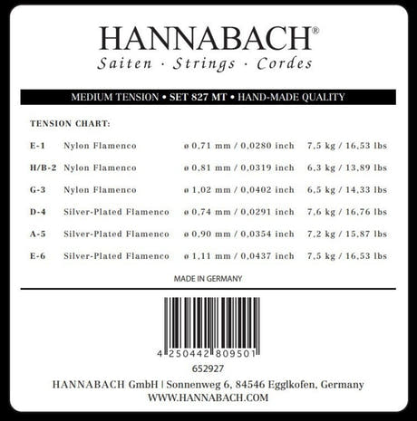 Hannabach 827 set di cantini E1, H/B2 e G3, medium tension