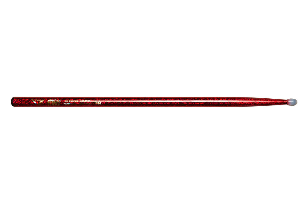 Bacchette per batteria Vater Color Wrap 5A Red Sparkle, hickory, punta in nylon