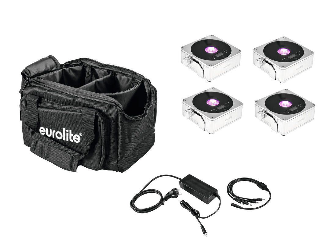 EUROLITE Set 4x AKKU IP Flat Light 1 cromato + Borsa morbida + Caricatore