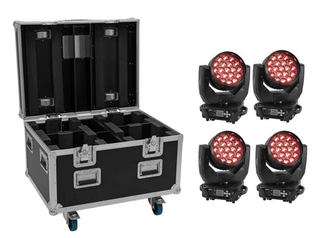 EUROLITE Set 4x LED TMH-X4 Teste Mobile Wash Zoom + EU Case con ruote