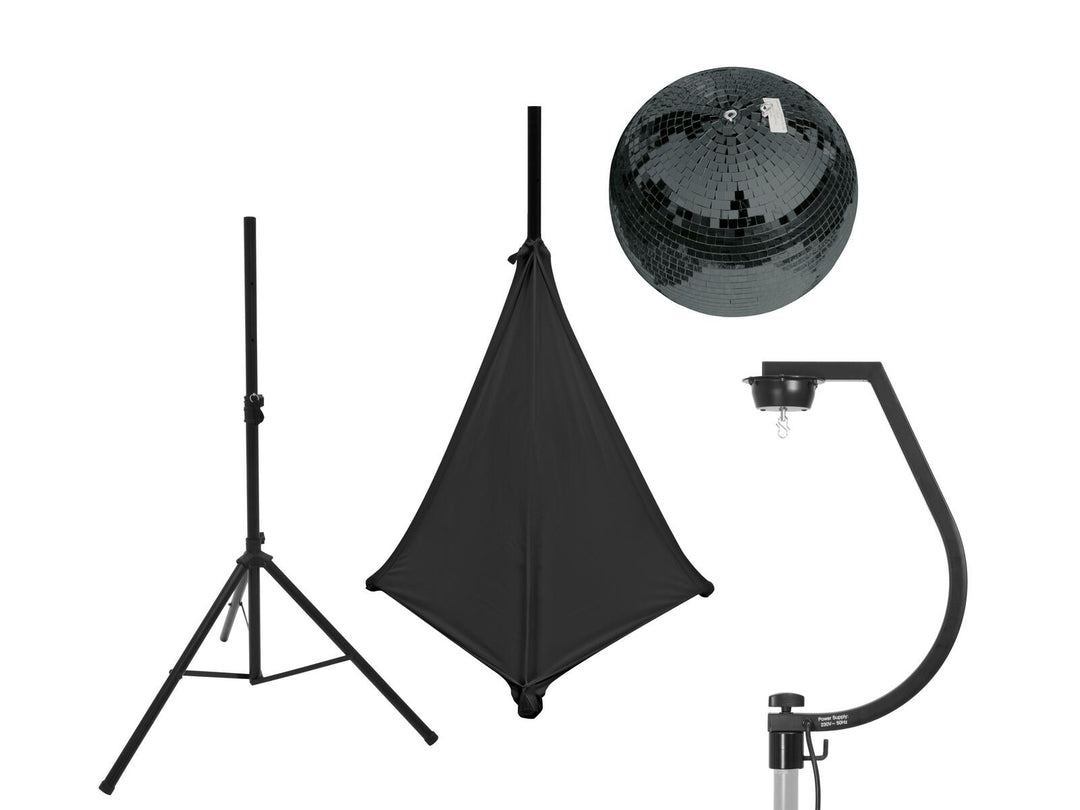 EUROLITE Set sfera a specchi 30cm nera con stand e cover nera per treppiede