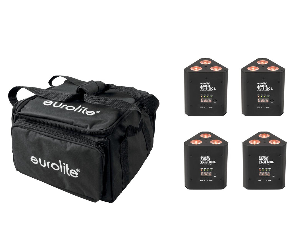 EUROLITE Set 4x AKKU TL-3 QCL RGB+UV Trusslight + SB-4 Borsa morbida